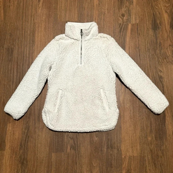 COZY SHERPA Quarter Zip White Pullover Sweater Jacket High Collar Soft Sz Small - Picture 1 of 7